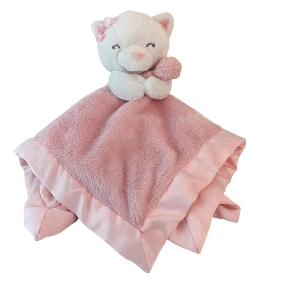 Carters Pink Kitty Cat Lovey 14" Baby Security Blanket Satin Bow Trim & Back - Picture 1 of 6
